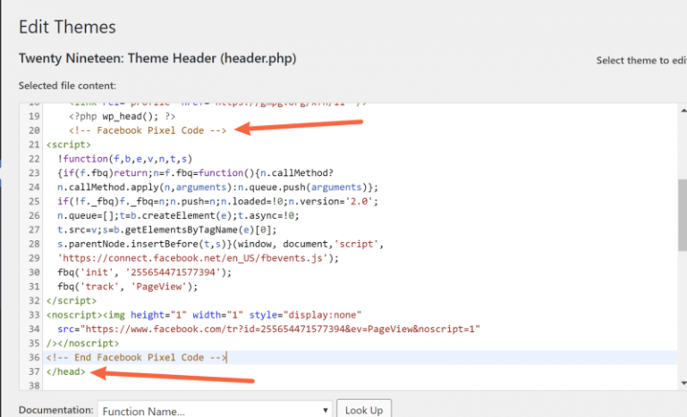 A WordPress theme's header.php file with the pixel code inserted