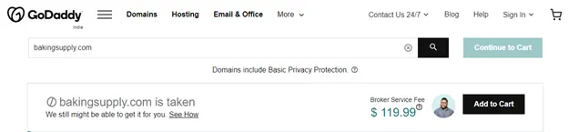 GoDaddy shows bakingsupply.com as registered, with a $119.99 broker fee