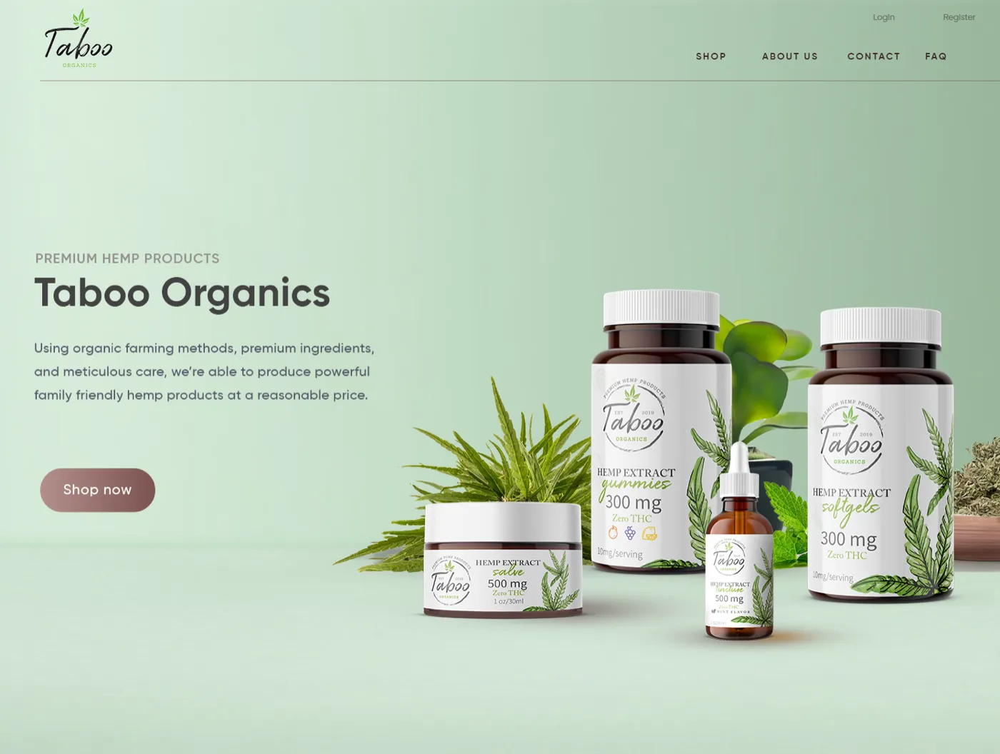 The Taboo Organics website in pale green tones