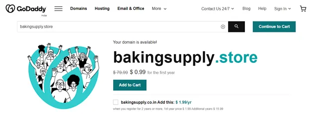 GoDaddy shows bakingsupply.store as available for $0.99 for the first year