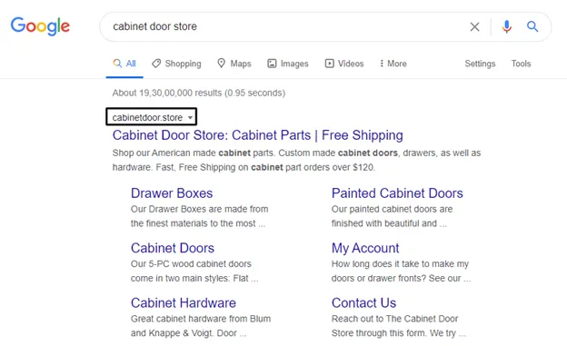 Google search result featuring cabinetdoor.store