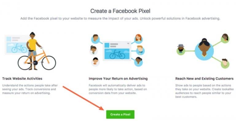 The Facebook Pixel creation page and Create a Pixel button