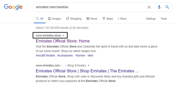 Google search result featuring www.emirates.store for ‘emirates merchandise’
