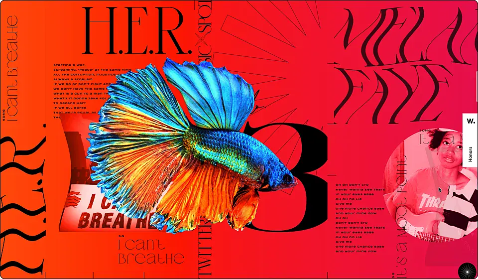 A website with a red background, large lettering and a colourful fish