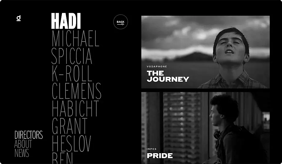 A dark website listing directors' names alongside video previews