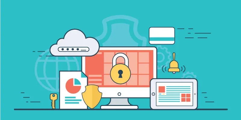 Website security symbols: a padlock, shield, key and password