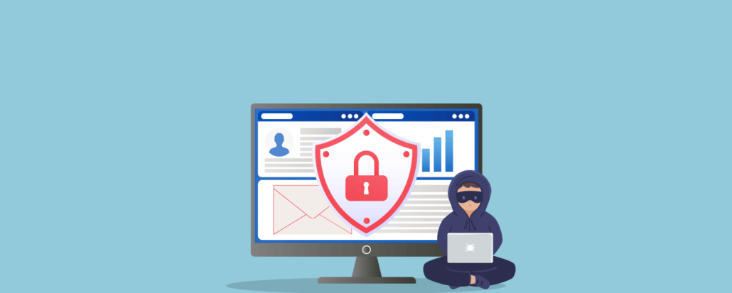 An attacker with a laptop facing a protective shield and padlock on a monitor
