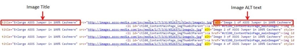 HTML code highlighting an image's title and alt attributes