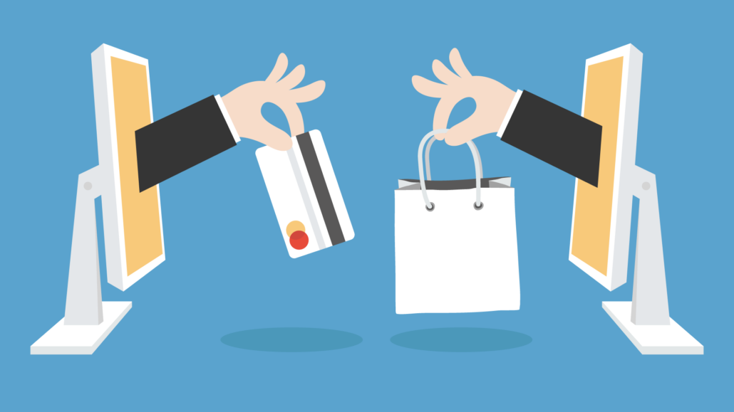 Hands extending from monitors exchange a payment card and a shopping bag