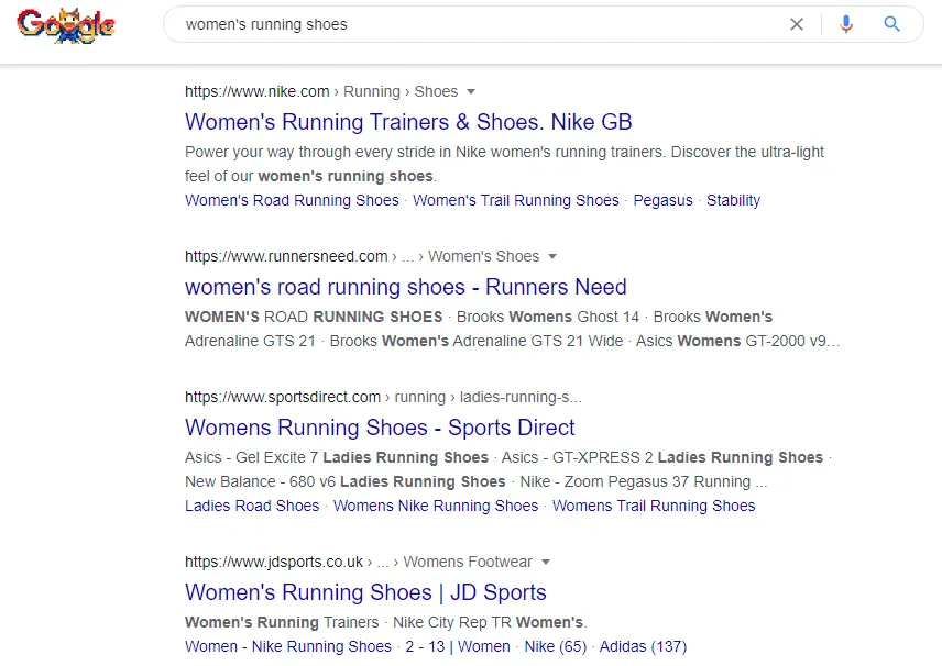 Google search results for ‘women's running shoes’