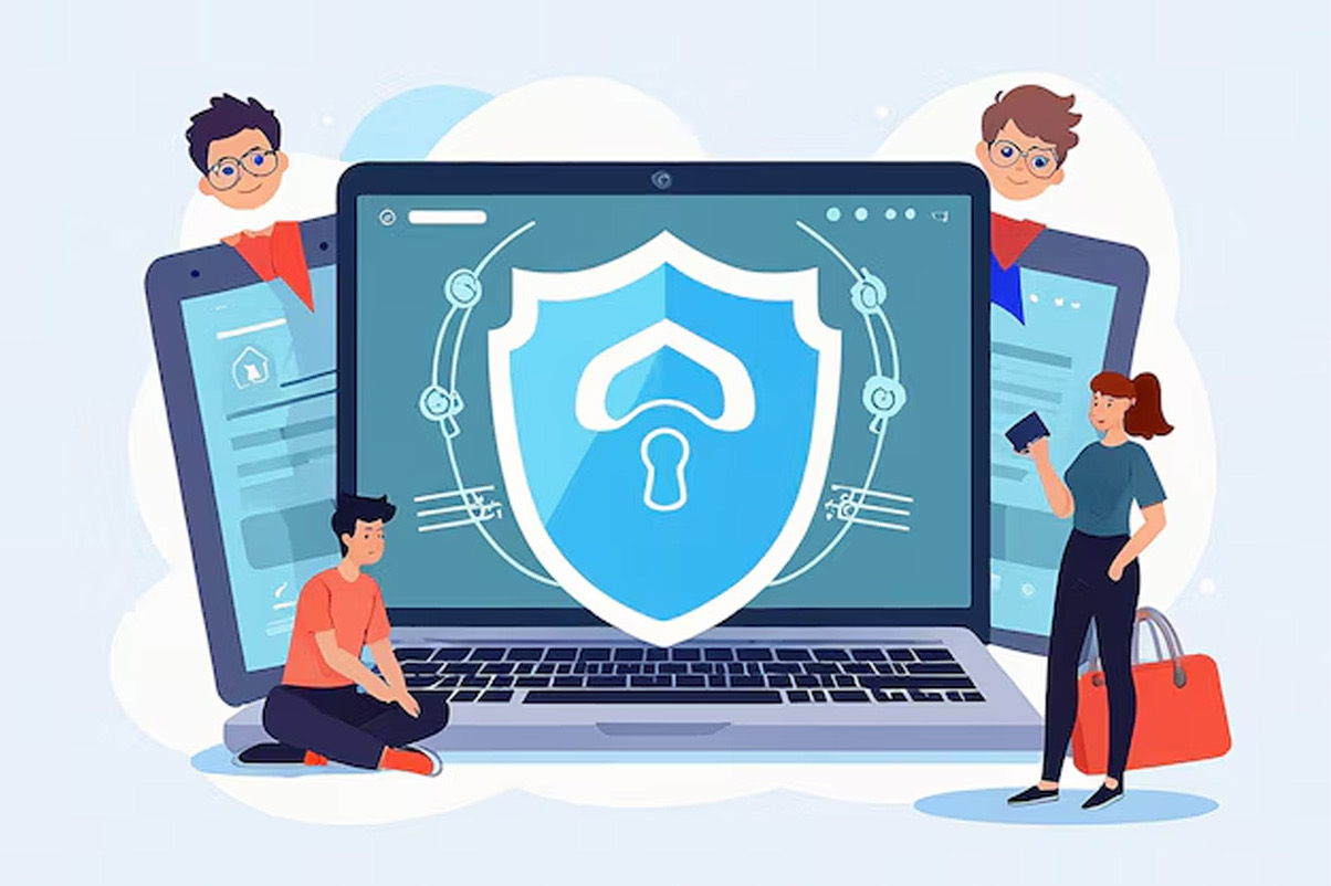 A shield and padlock on a laptop screen, surrounded by customer icons