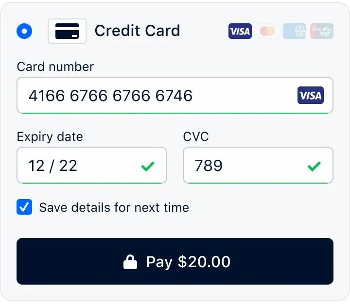 A payment card form with fields for the card number, expiry date and CVC