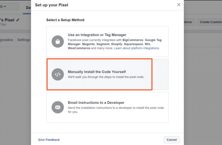 Selecting manual code installation as the pixel setup method