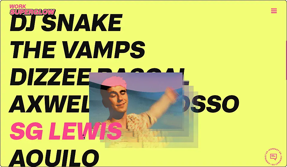 A yellow website with large black and pink lettering