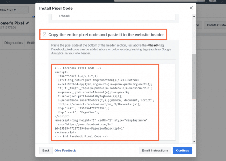The pixel installation code in a Facebook dialogue box