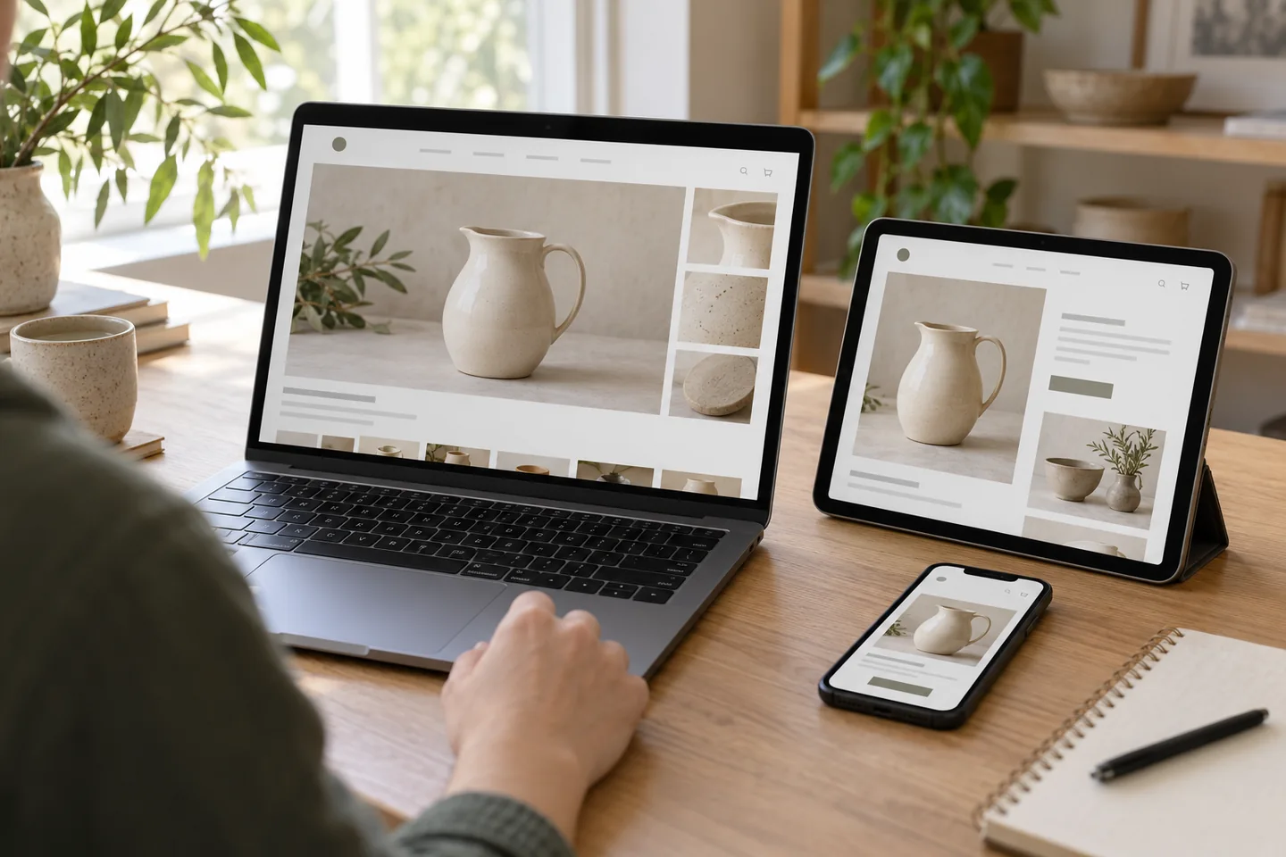 A ceramics store image being reviewed across a laptop, tablet and phone