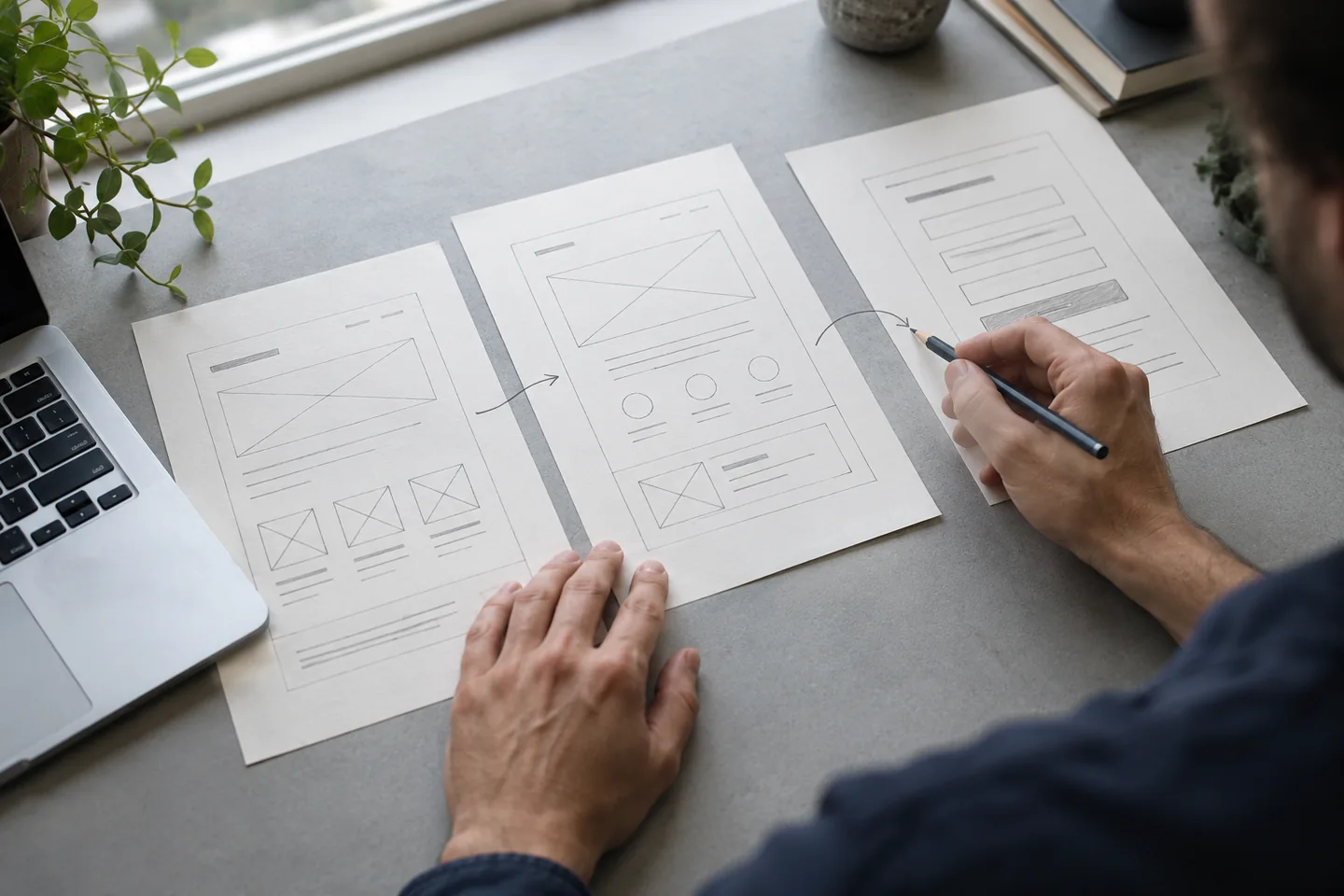 Hands arranging paper website wireframes to plan pages and a customer journey